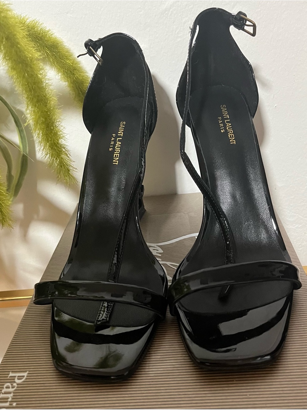 Saint Laurent Black Patent Leather Ankle-Strap Sandals